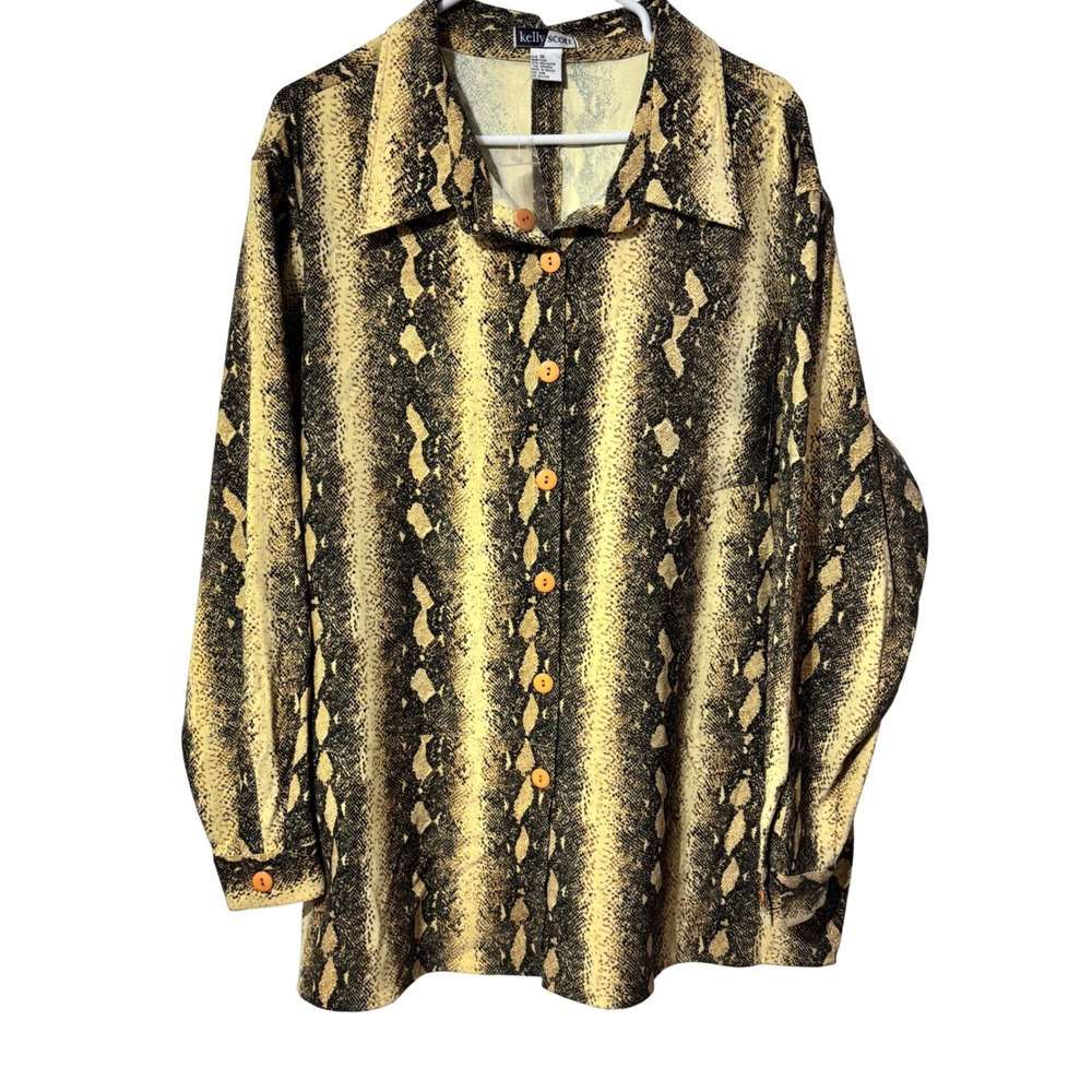 Kelly Scott Womens 1X Snakeskin Print Button Down Shirt Yellow Black Long Sleeve